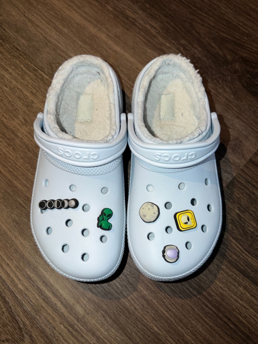 CROCS Light Blue Fleece-Lined Clogs with Space Charms